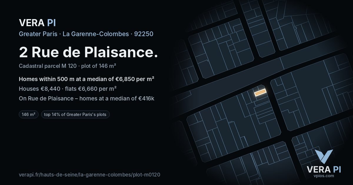 2 Rue de Plaisance, La Garenne-Colombes at night – the plot lit, the parcels around coloured by the prices near them