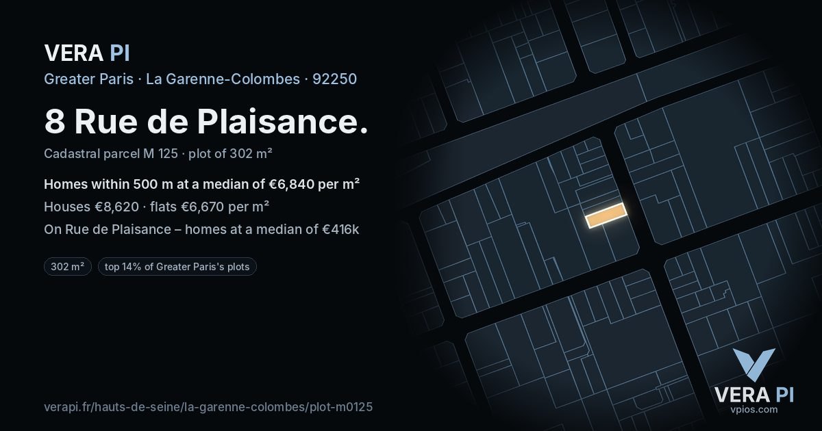 8 Rue de Plaisance, La Garenne-Colombes at night – the plot lit, the parcels around coloured by the prices near them