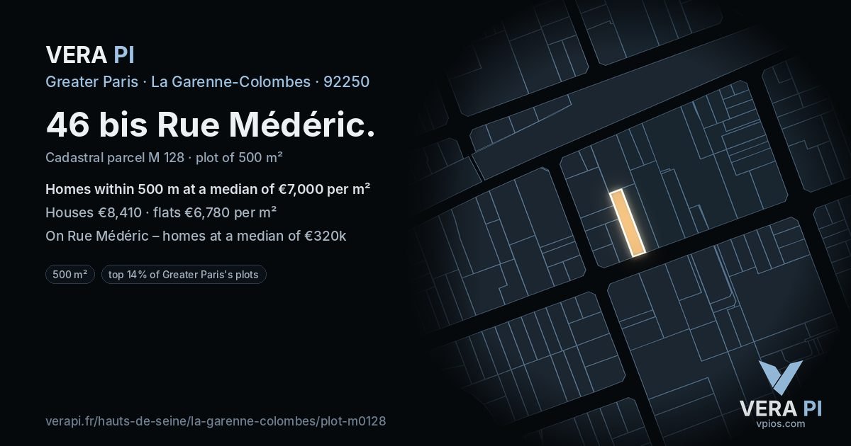 46 bis Rue Médéric, La Garenne-Colombes at night – the plot lit, the parcels around coloured by the prices near them