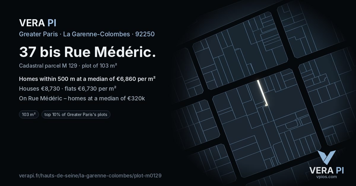 37 bis Rue Médéric, La Garenne-Colombes at night – the plot lit, the parcels around coloured by the prices near them
