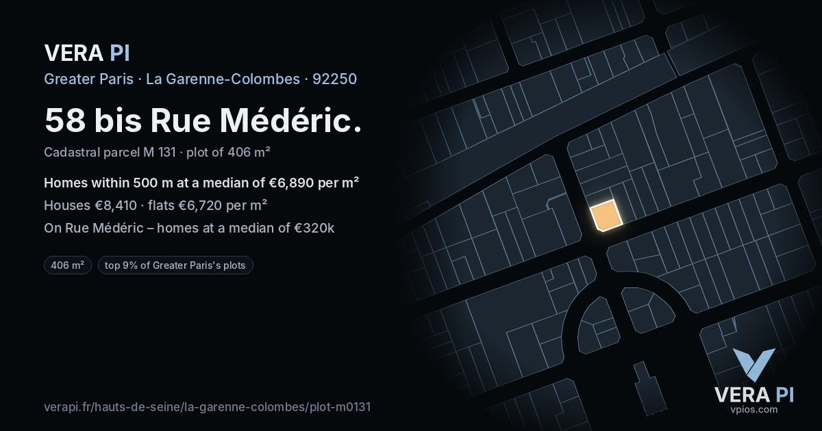 58 bis Rue Médéric, La Garenne-Colombes at night – the plot lit, the parcels around coloured by the prices near them