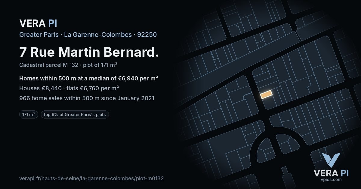 7 Rue Martin Bernard, La Garenne-Colombes at night – the plot lit, the parcels around coloured by the prices near them