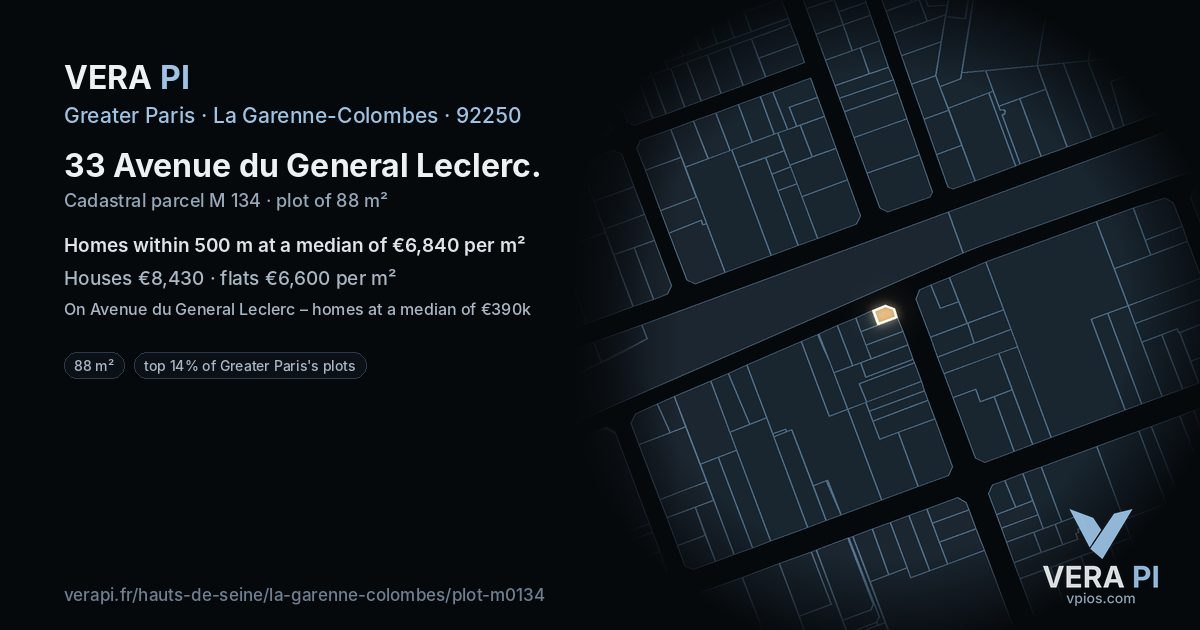 33 Avenue du General Leclerc, La Garenne-Colombes at night – the plot lit, the parcels around coloured by the prices near them
