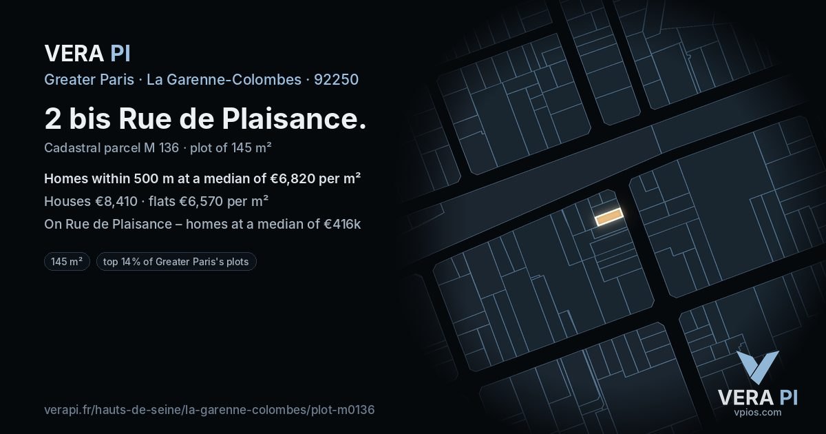2 bis Rue de Plaisance, La Garenne-Colombes at night – the plot lit, the parcels around coloured by the prices near them