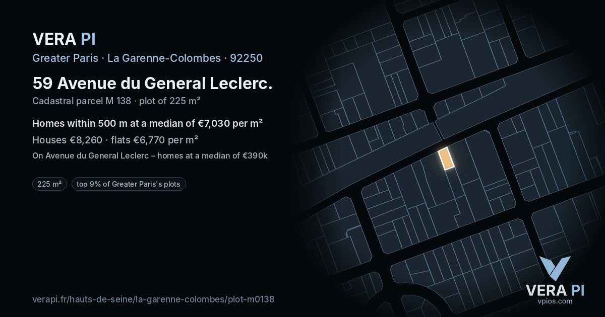 59 Avenue du General Leclerc, La Garenne-Colombes at night – the plot lit, the parcels around coloured by the prices near them