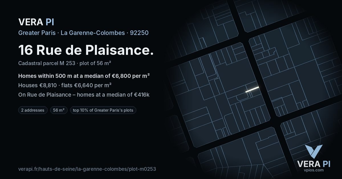 16 Rue de Plaisance, La Garenne-Colombes at night – the plot lit, the parcels around coloured by the prices near them