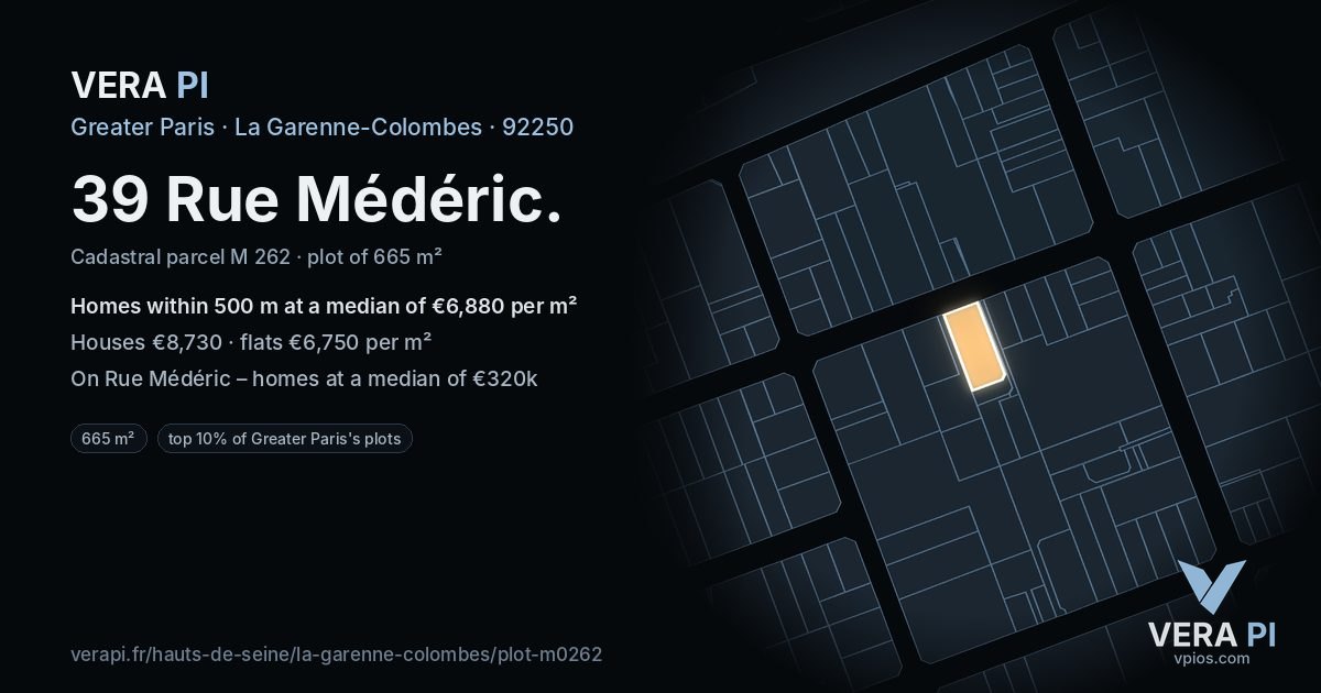39 Rue Médéric, La Garenne-Colombes at night – the plot lit, the parcels around coloured by the prices near them