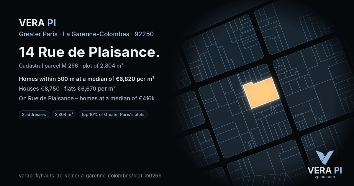 14 Rue de Plaisance, La Garenne-Colombes at night – the plot lit, the parcels around coloured by the prices near them