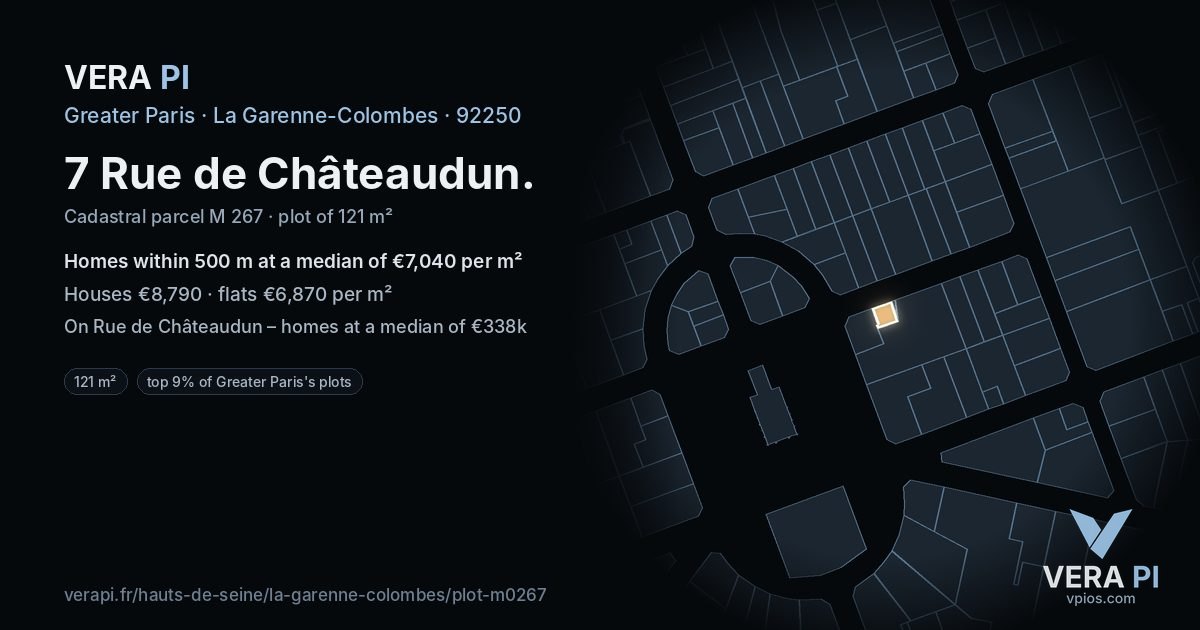 7 Rue de Châteaudun, La Garenne-Colombes at night – the plot lit, the parcels around coloured by the prices near them