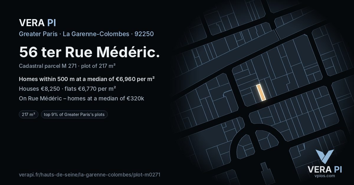 56 ter Rue Médéric, La Garenne-Colombes at night – the plot lit, the parcels around coloured by the prices near them