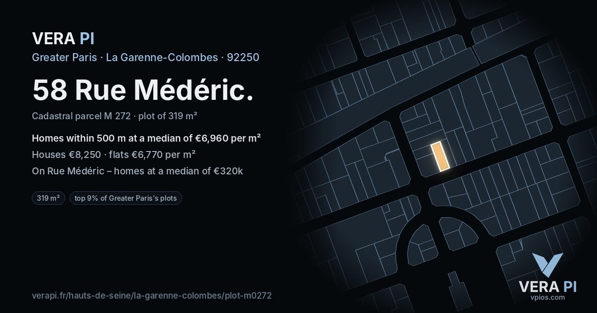 58 Rue Médéric, La Garenne-Colombes at night – the plot lit, the parcels around coloured by the prices near them