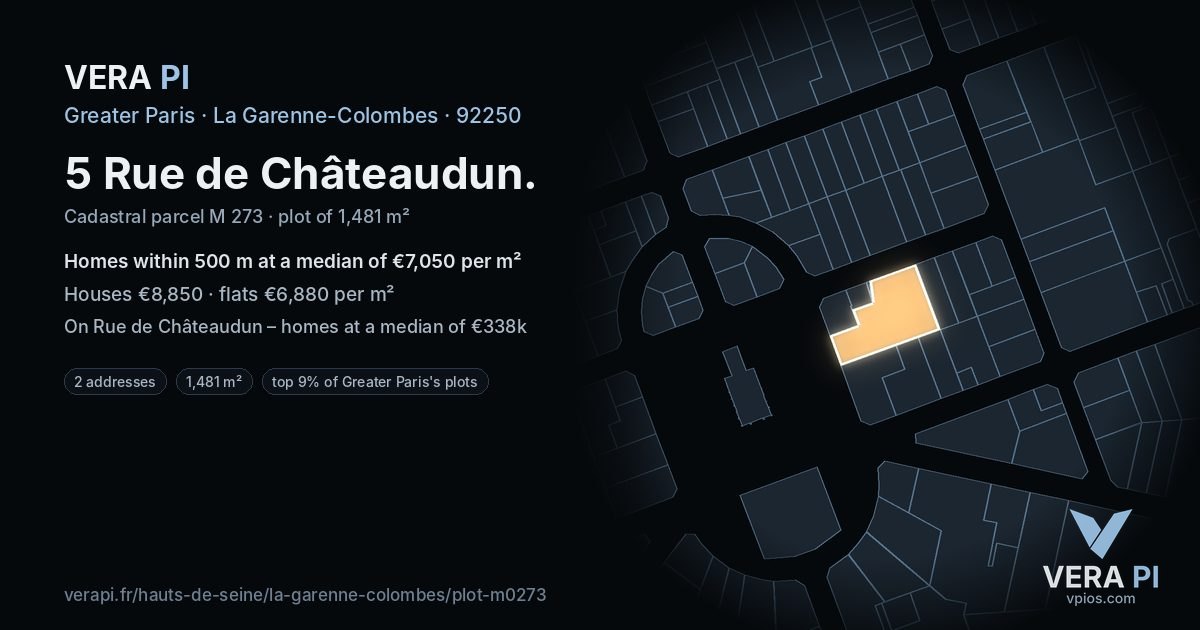 5 Rue de Châteaudun, La Garenne-Colombes at night – the plot lit, the parcels around coloured by the prices near them