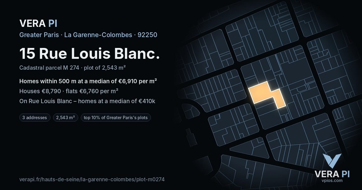 15 Rue Louis Blanc, La Garenne-Colombes at night – the plot lit, the parcels around coloured by the prices near them