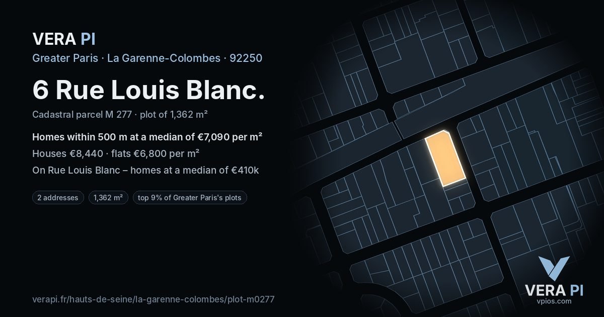 6 Rue Louis Blanc, La Garenne-Colombes at night – the plot lit, the parcels around coloured by the prices near them