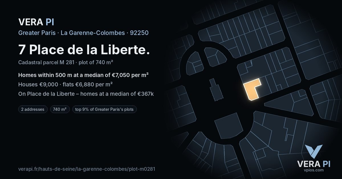 7 Place de la Liberte, La Garenne-Colombes at night – the plot lit, the parcels around coloured by the prices near them