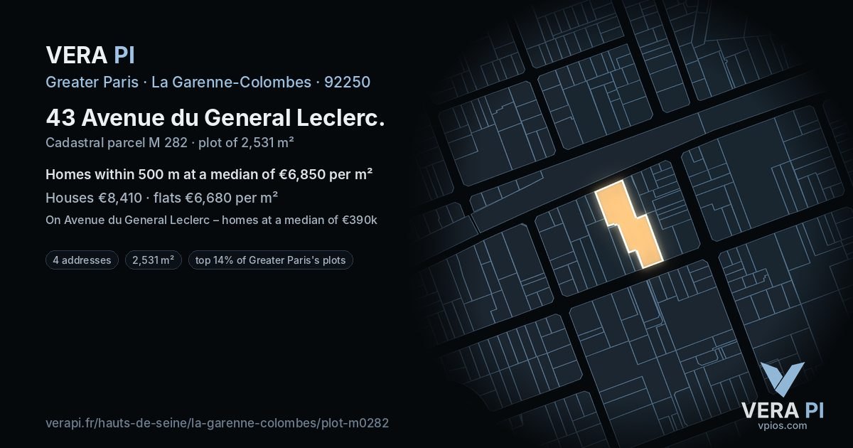 43 Avenue du General Leclerc, La Garenne-Colombes at night – the plot lit, the parcels around coloured by the prices near them