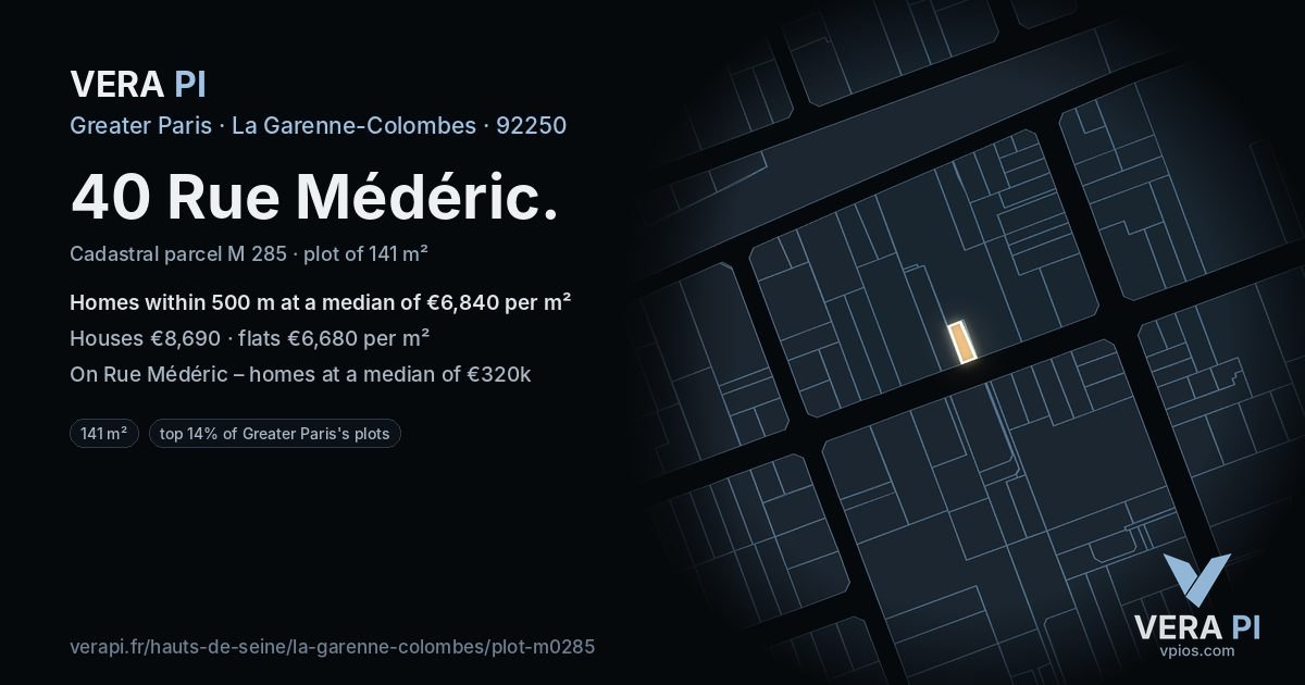 40 Rue Médéric, La Garenne-Colombes at night – the plot lit, the parcels around coloured by the prices near them