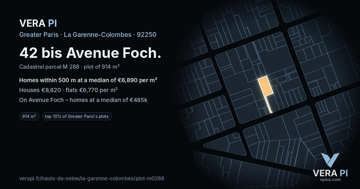 42 bis Avenue Foch, La Garenne-Colombes at night – the plot lit, the parcels around coloured by the prices near them