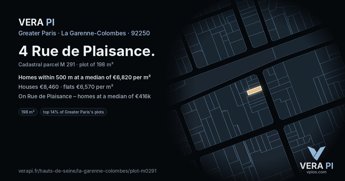 4 Rue de Plaisance, La Garenne-Colombes at night – the plot lit, the parcels around coloured by the prices near them