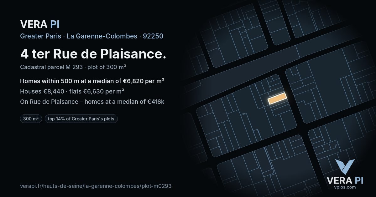 4 ter Rue de Plaisance, La Garenne-Colombes at night – the plot lit, the parcels around coloured by the prices near them