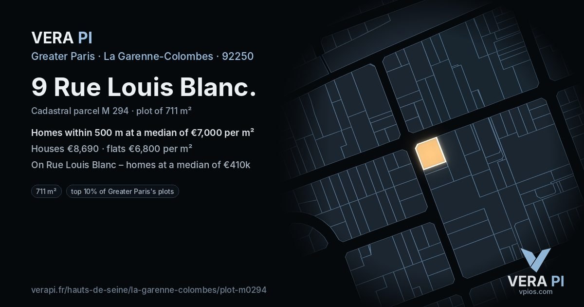 9 Rue Louis Blanc, La Garenne-Colombes at night – the plot lit, the parcels around coloured by the prices near them