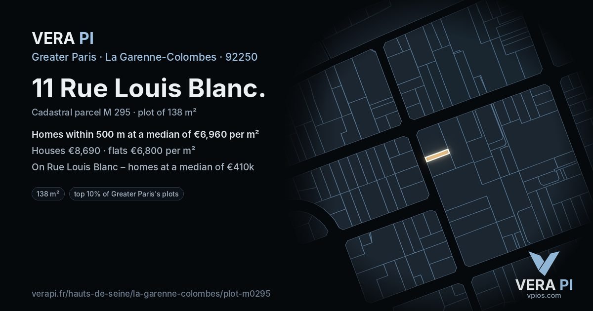 11 Rue Louis Blanc, La Garenne-Colombes at night – the plot lit, the parcels around coloured by the prices near them