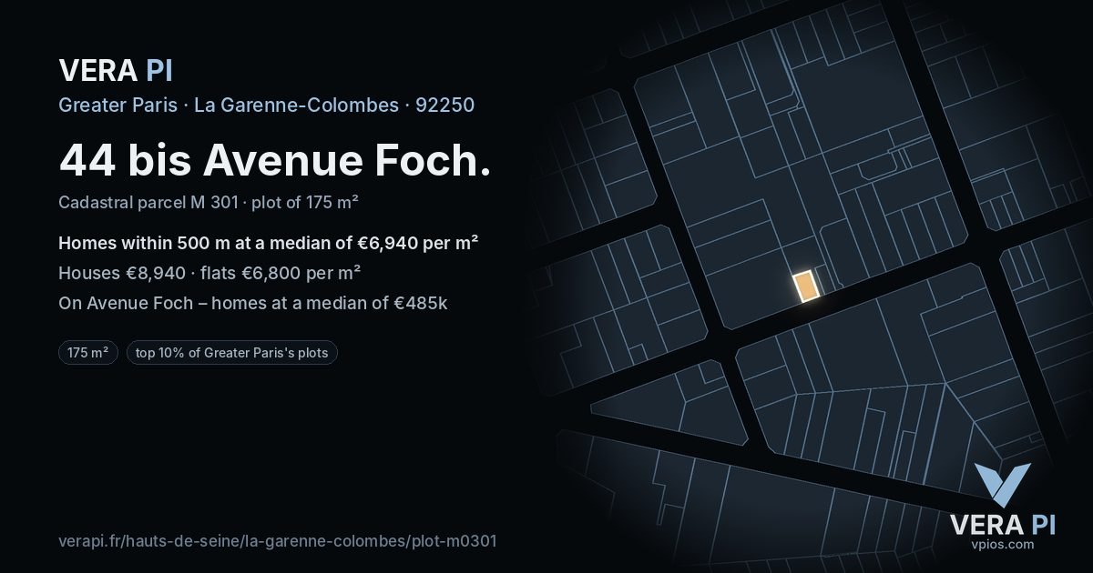44 bis Avenue Foch, La Garenne-Colombes at night – the plot lit, the parcels around coloured by the prices near them