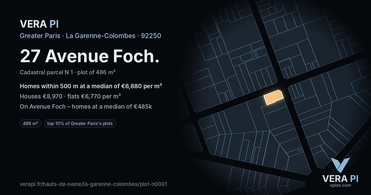 27 Avenue Foch, La Garenne-Colombes at night – the plot lit, the parcels around coloured by the prices near them