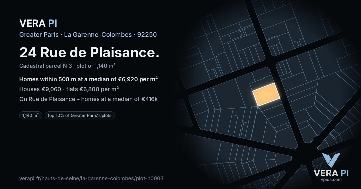 24 Rue de Plaisance, La Garenne-Colombes at night – the plot lit, the parcels around coloured by the prices near them