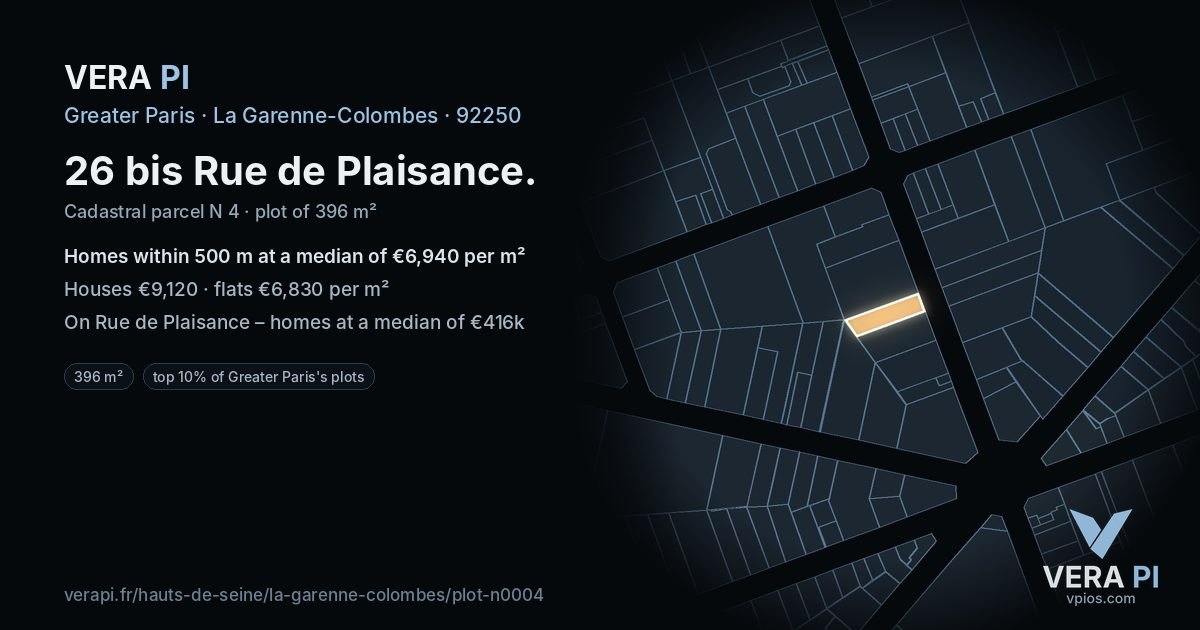 26 bis Rue de Plaisance, La Garenne-Colombes at night – the plot lit, the parcels around coloured by the prices near them