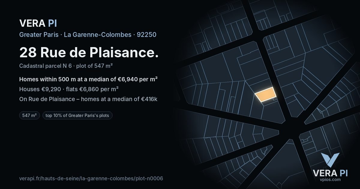 28 Rue de Plaisance, La Garenne-Colombes at night – the plot lit, the parcels around coloured by the prices near them