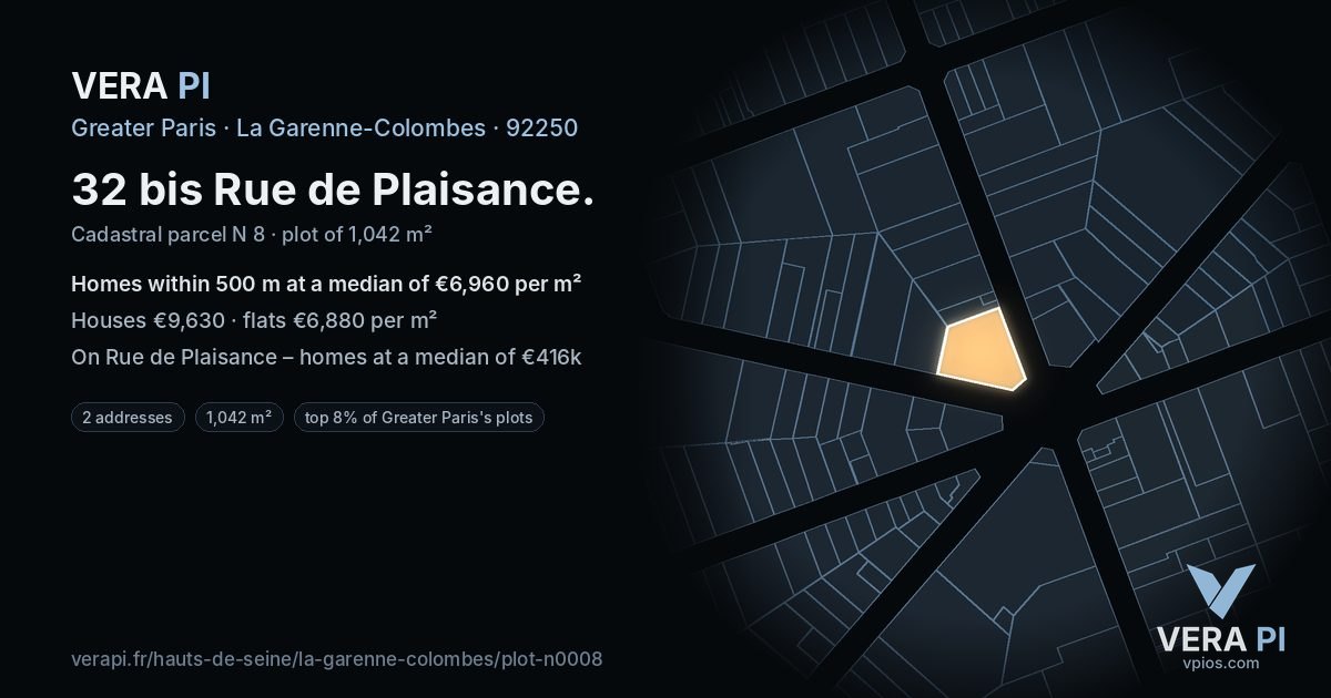32 bis Rue de Plaisance, La Garenne-Colombes at night – the plot lit, the parcels around coloured by the prices near them