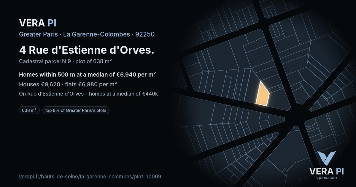 4 Rue d'Estienne d'Orves, La Garenne-Colombes at night – the plot lit, the parcels around coloured by the prices near them