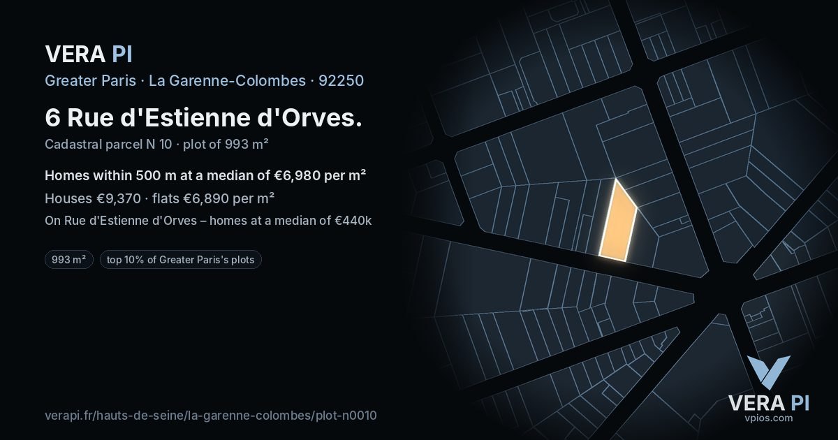 6 Rue d'Estienne d'Orves, La Garenne-Colombes at night – the plot lit, the parcels around coloured by the prices near them
