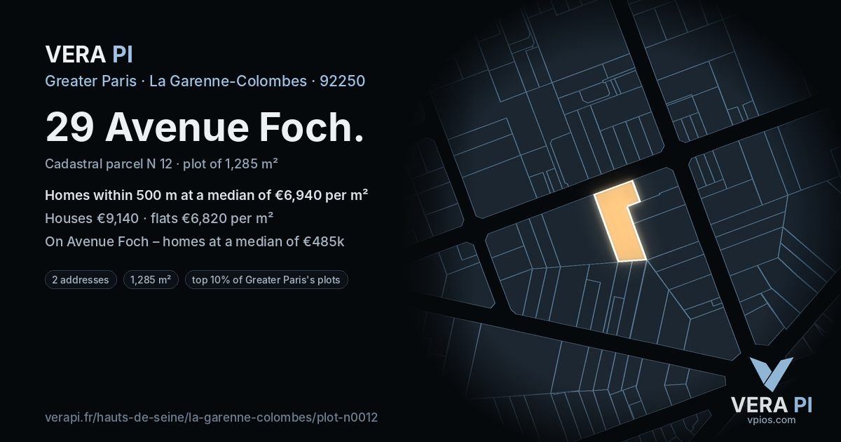 29 Avenue Foch, La Garenne-Colombes at night – the plot lit, the parcels around coloured by the prices near them
