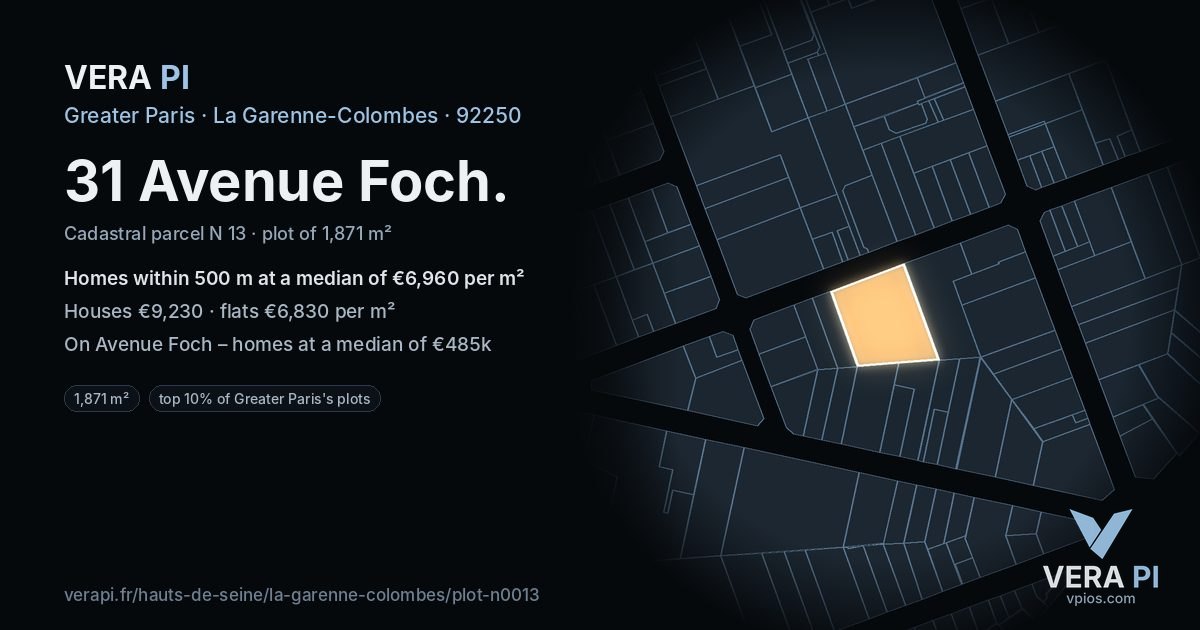 31 Avenue Foch, La Garenne-Colombes at night – the plot lit, the parcels around coloured by the prices near them