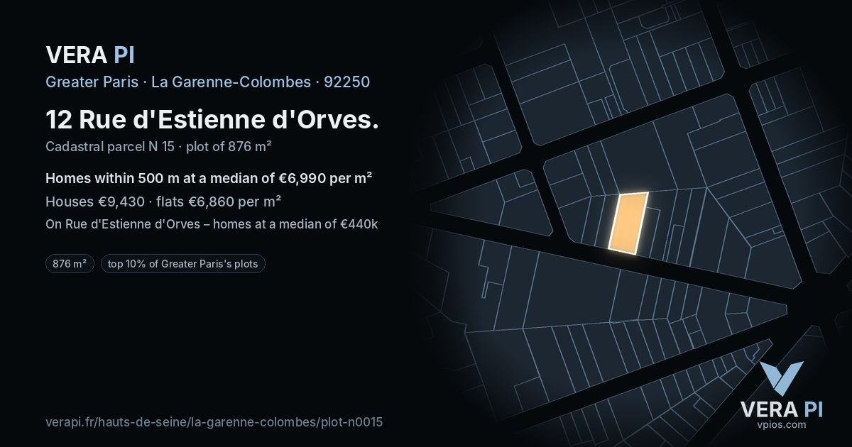 12 Rue d'Estienne d'Orves, La Garenne-Colombes at night – the plot lit, the parcels around coloured by the prices near them