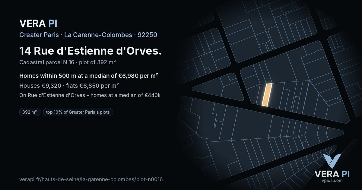 14 Rue d'Estienne d'Orves, La Garenne-Colombes at night – the plot lit, the parcels around coloured by the prices near them