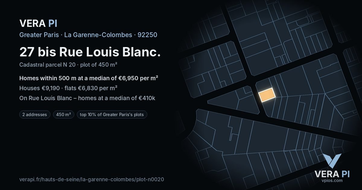 27 bis Rue Louis Blanc, La Garenne-Colombes at night – the plot lit, the parcels around coloured by the prices near them