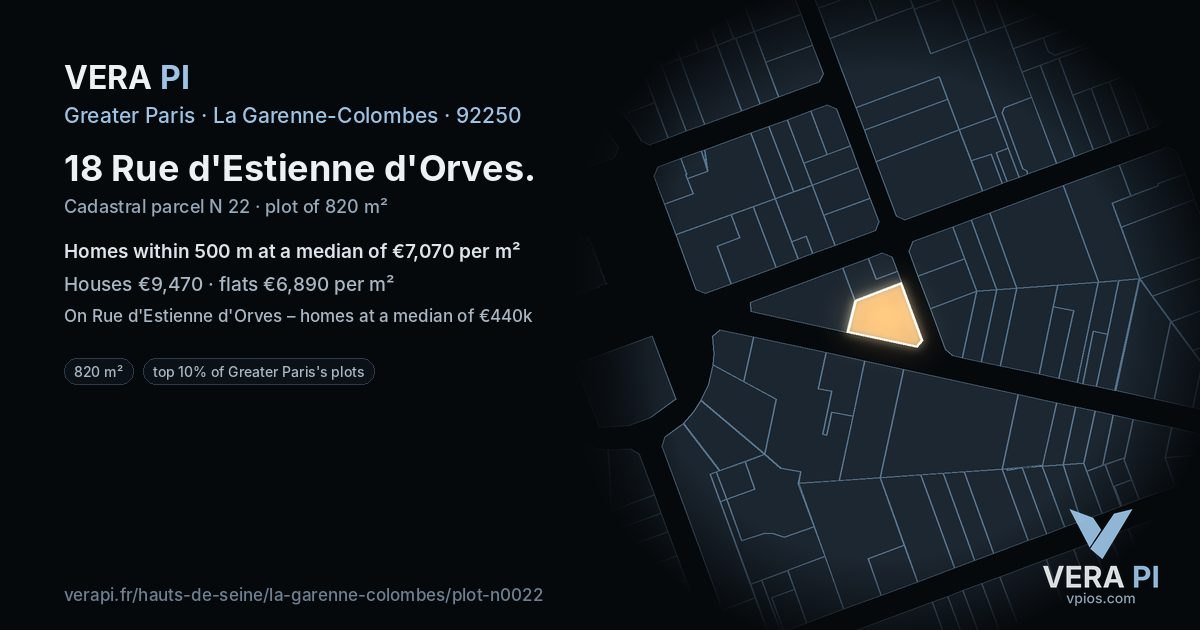 18 Rue d'Estienne d'Orves, La Garenne-Colombes at night – the plot lit, the parcels around coloured by the prices near them