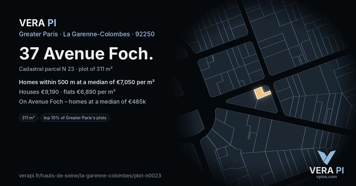 37 Avenue Foch, La Garenne-Colombes at night – the plot lit, the parcels around coloured by the prices near them