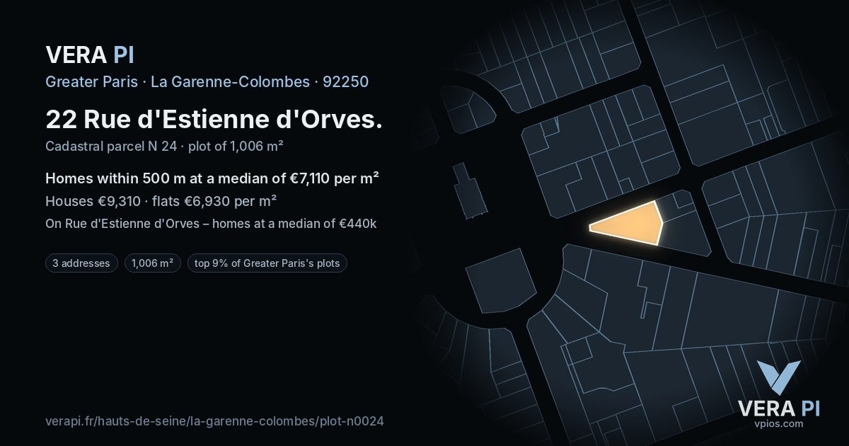 22 Rue d'Estienne d'Orves, La Garenne-Colombes at night – the plot lit, the parcels around coloured by the prices near them