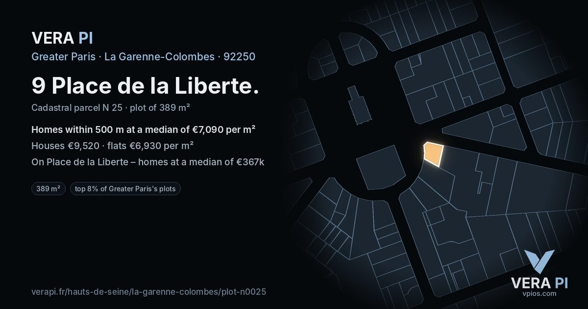 9 Place de la Liberte, La Garenne-Colombes at night – the plot lit, the parcels around coloured by the prices near them