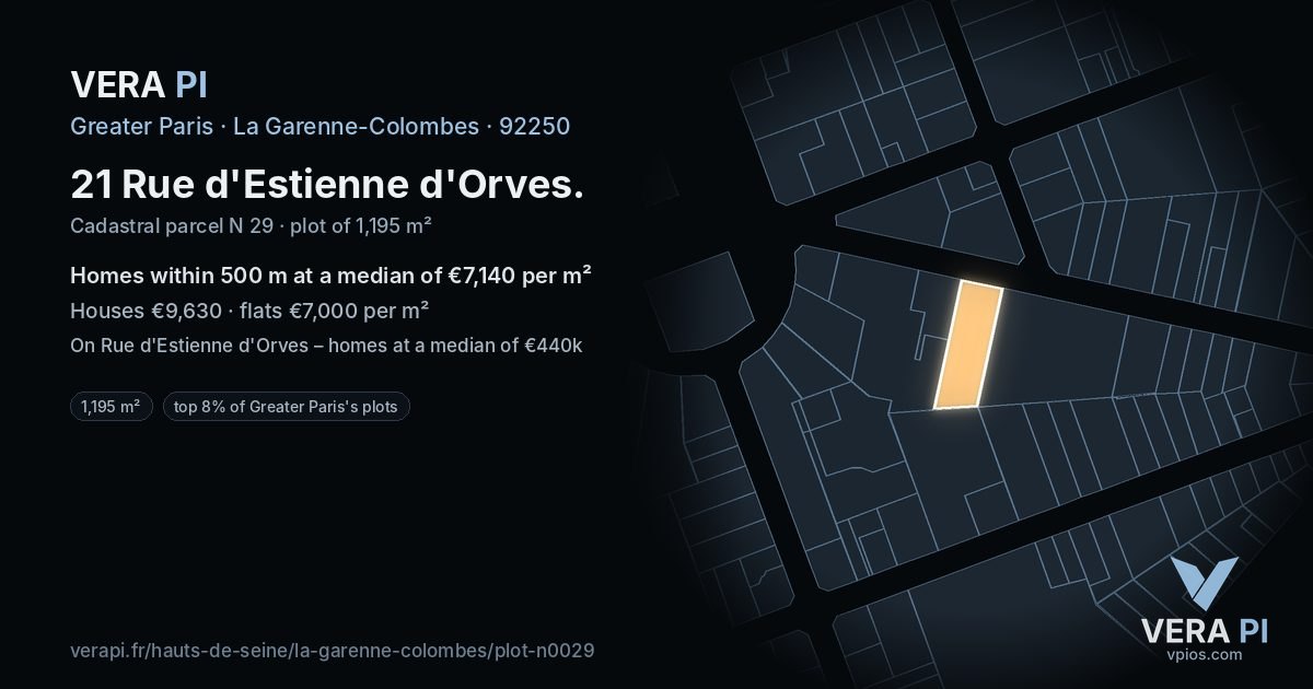 21 Rue d'Estienne d'Orves, La Garenne-Colombes at night – the plot lit, the parcels around coloured by the prices near them