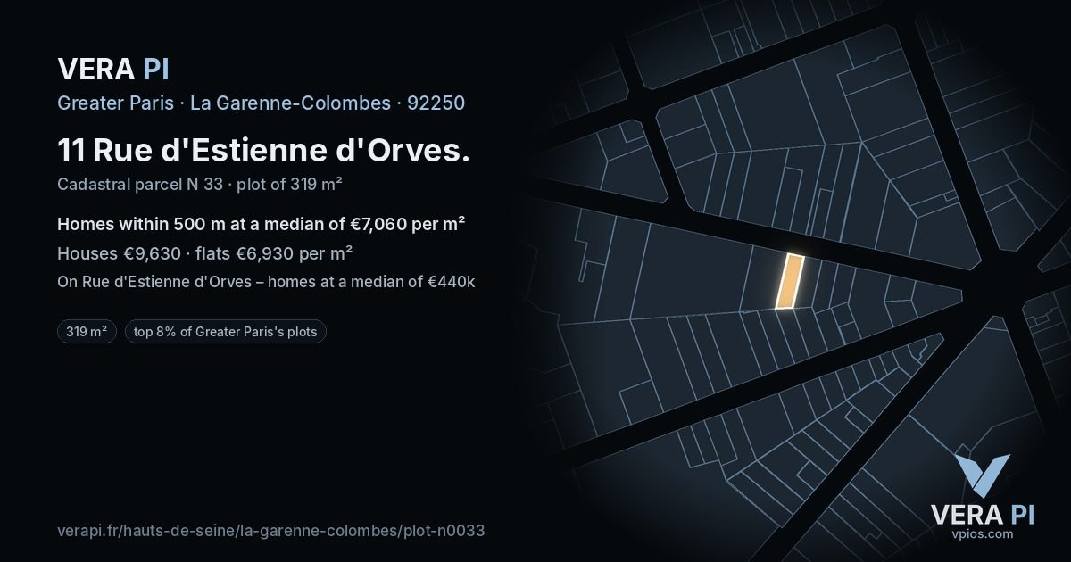11 Rue d'Estienne d'Orves, La Garenne-Colombes at night – the plot lit, the parcels around coloured by the prices near them