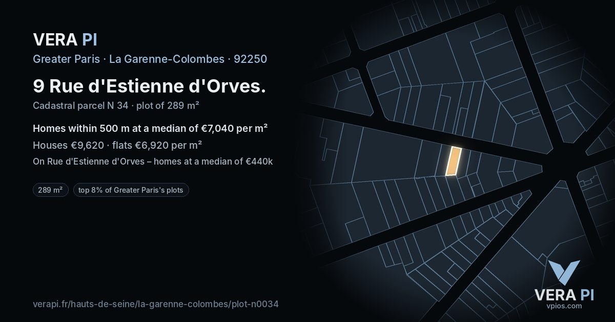 9 Rue d'Estienne d'Orves, La Garenne-Colombes at night – the plot lit, the parcels around coloured by the prices near them