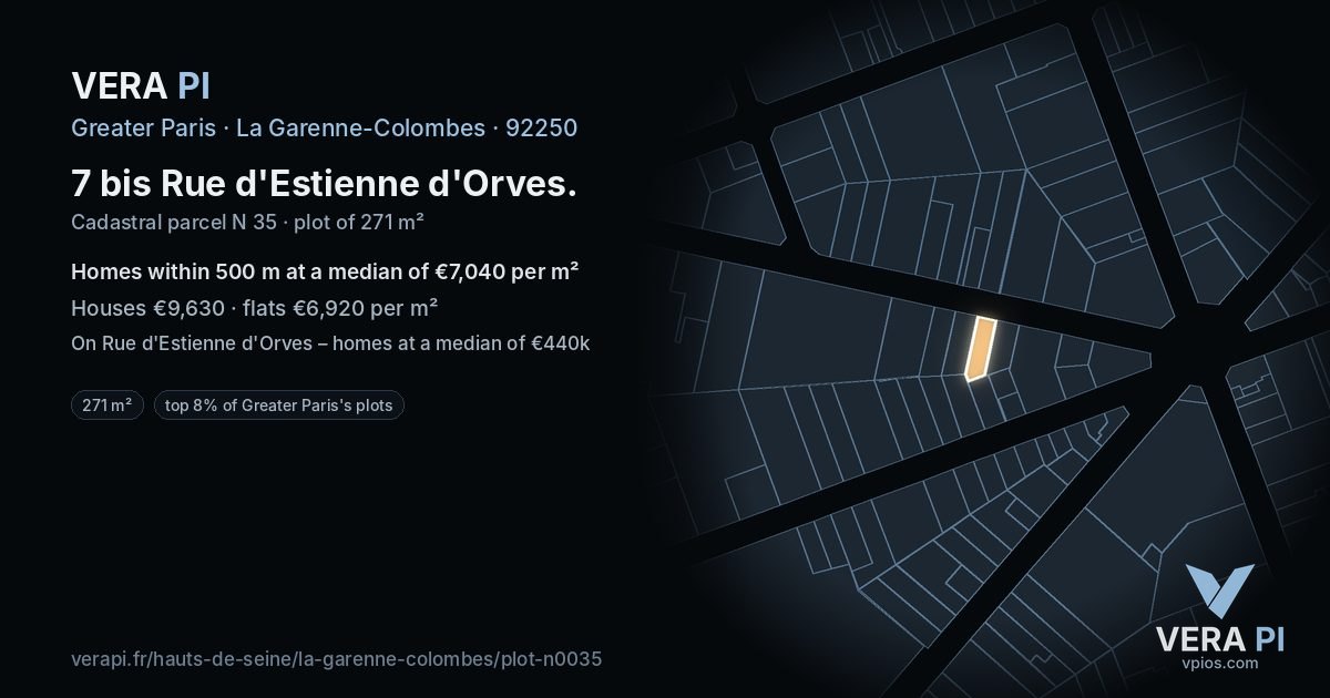 7 bis Rue d'Estienne d'Orves, La Garenne-Colombes at night – the plot lit, the parcels around coloured by the prices near them