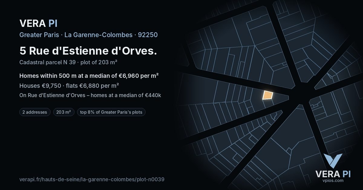 5 Rue d'Estienne d'Orves, La Garenne-Colombes at night – the plot lit, the parcels around coloured by the prices near them