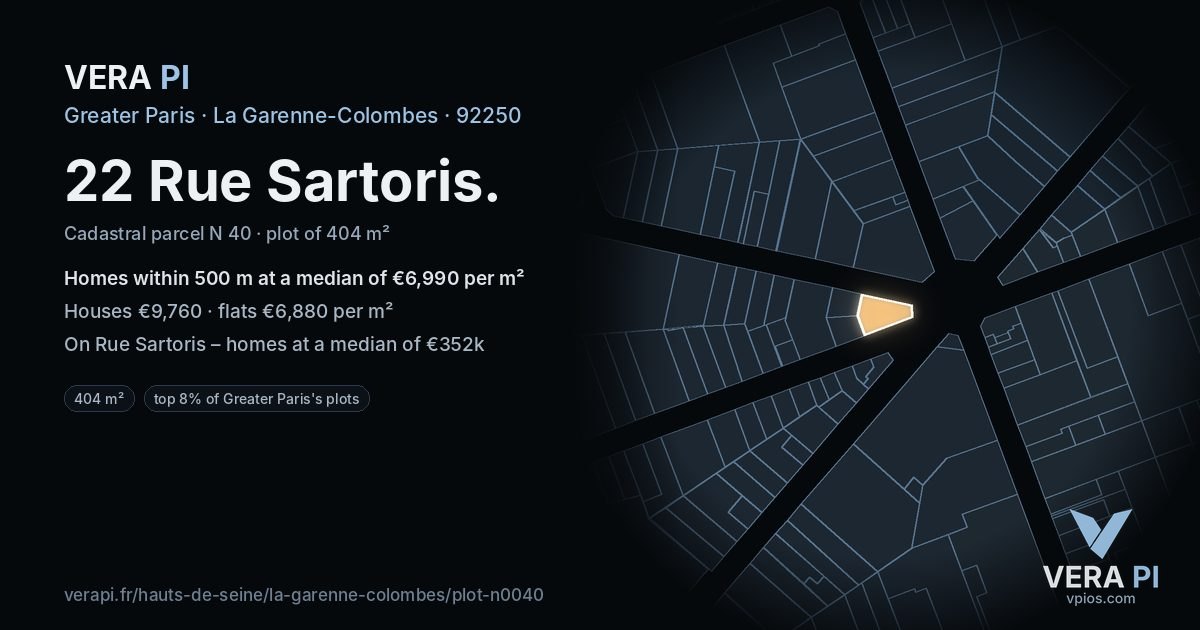 22 Rue Sartoris, La Garenne-Colombes at night – the plot lit, the parcels around coloured by the prices near them