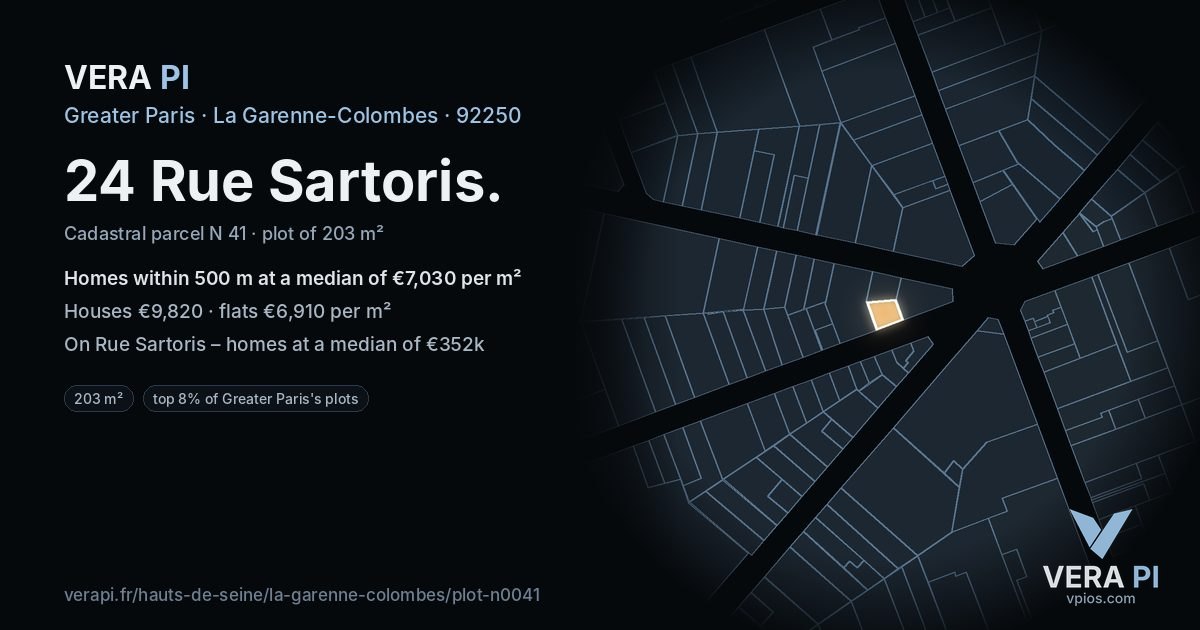 24 Rue Sartoris, La Garenne-Colombes at night – the plot lit, the parcels around coloured by the prices near them